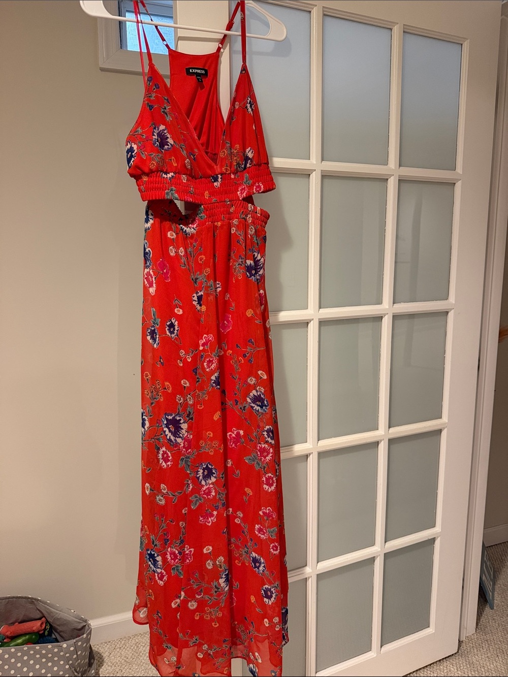 Express Red Floral Maxi Dress with Smocked Waist and Spaghetti Straps